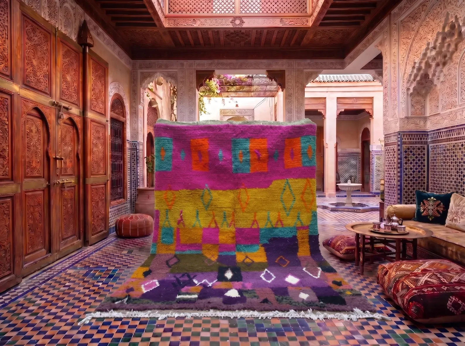Hand-knotted Wool Area Rug | Bold Tribal Color Block Berber Carpet, Maximalist