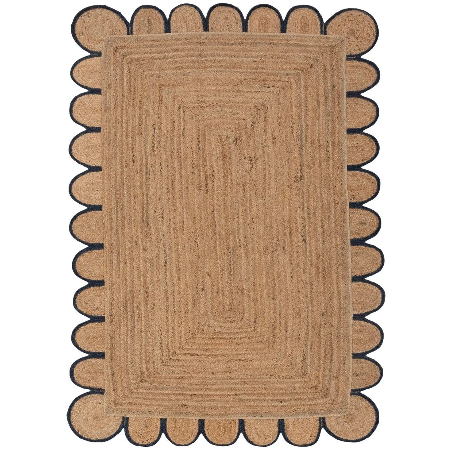 Scalloped Jute Rug 100% Natural Braided Rustic Look Area Modern Carpet Mat Rug