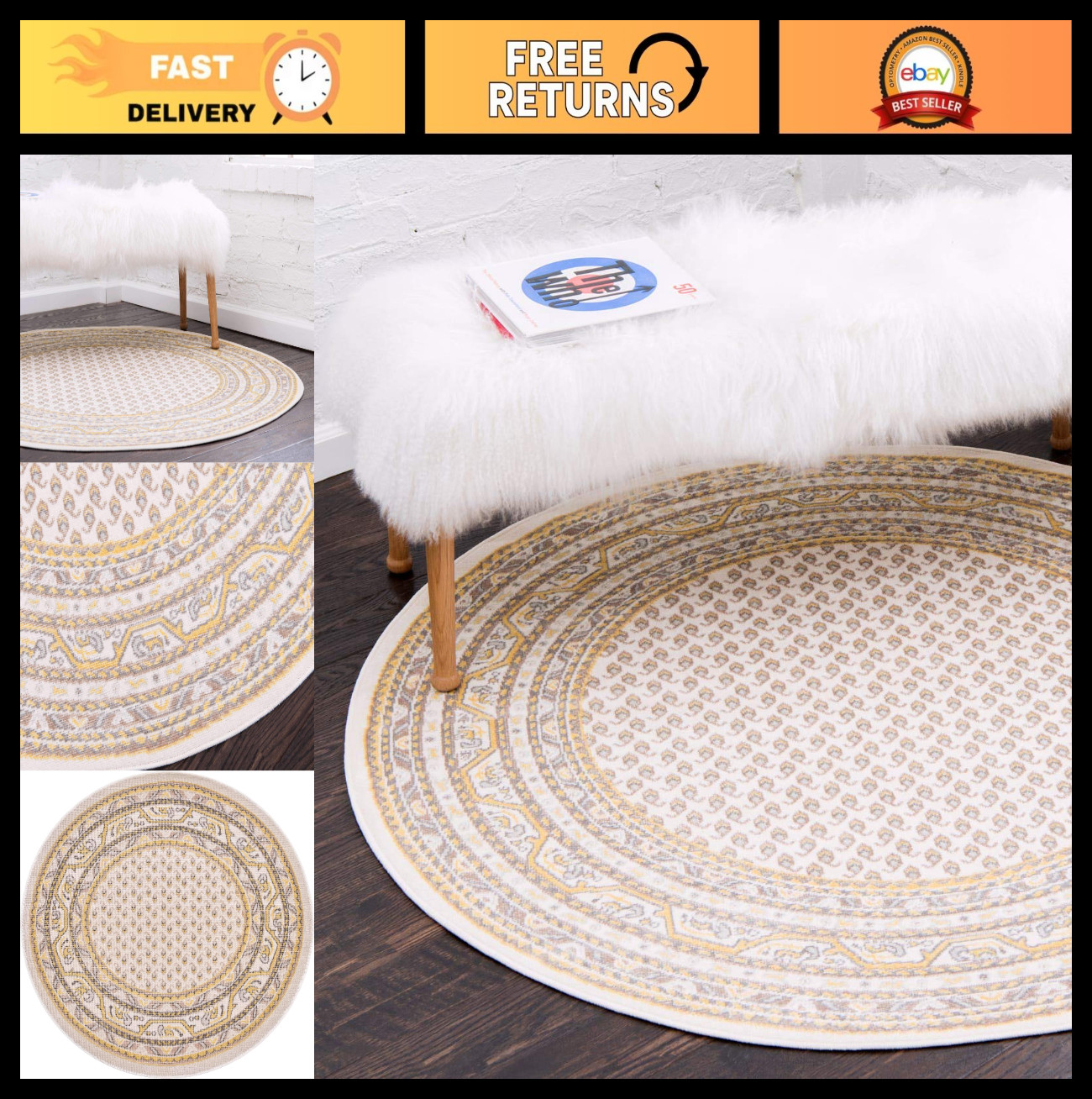 Traditional Round Area Rug, 3′ 7″ x 3′ 7″, Beige/Yellow, Dotted Center, Vintage