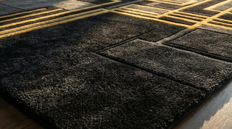 Modern Black & Gold Geometric Rug | Hand-Tufted Wool Sculpted Carpet