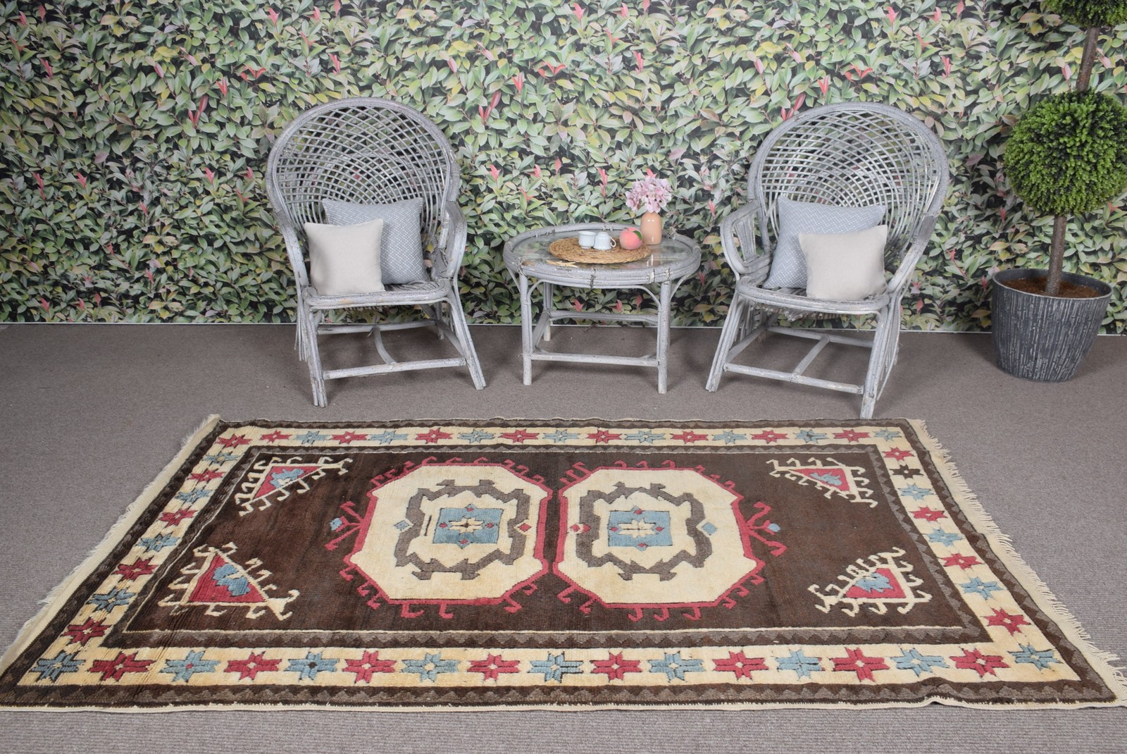 4,4×7,4 ft Vintage Rug, Area Turkish Rug, Brown Check Rug