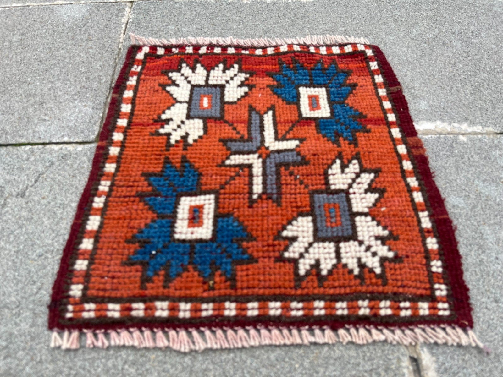 Vintage Turkish Mini Oushak Rug 1.2×1.3 ft Orange Navy Blue Small Floral Mat