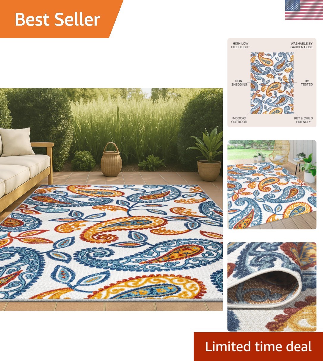Bohemian Floral Indoor/Outdoor Rug 3’x5’ – Durable & High Traffic Friendly