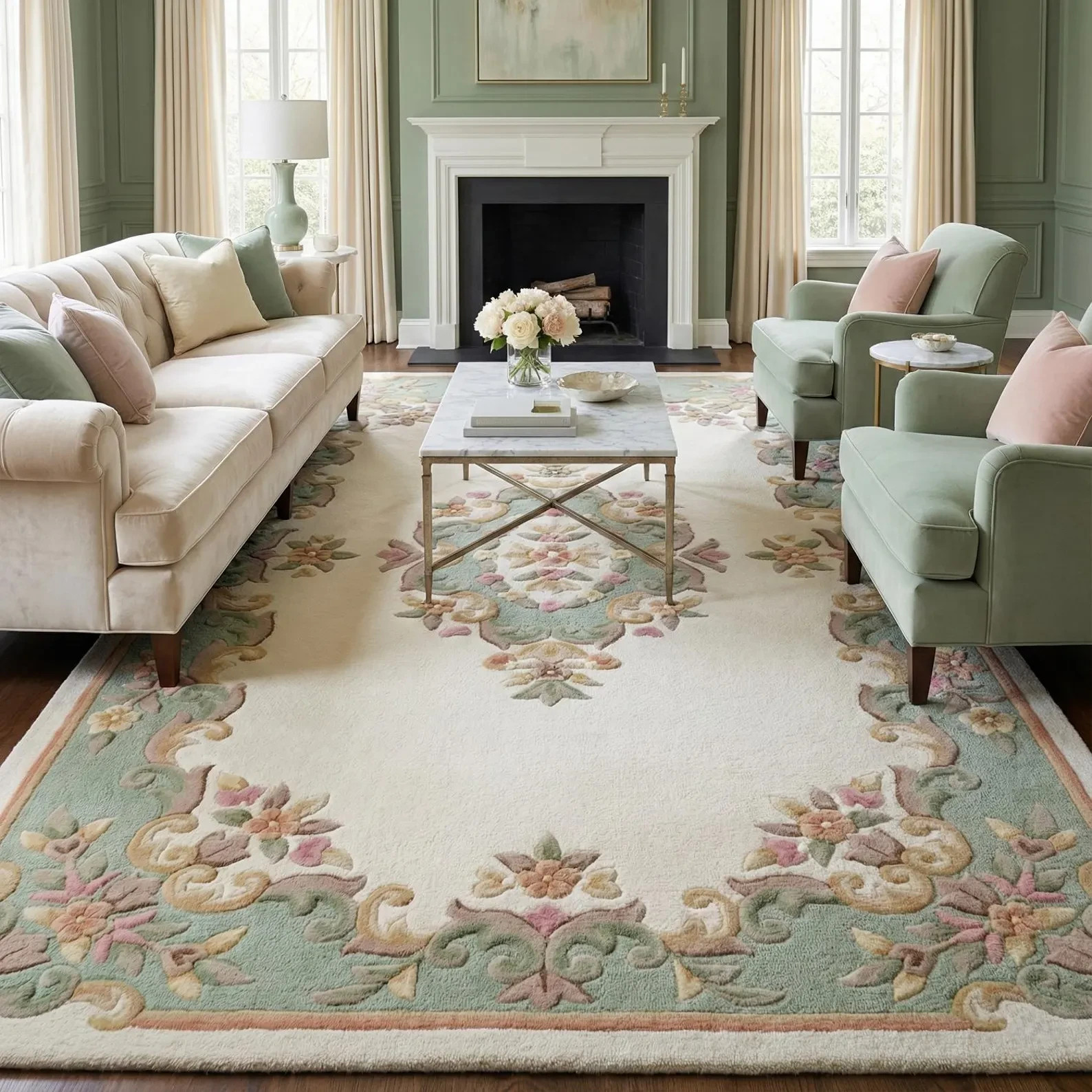 tufted Aubusson Wool Rug, Vintage French Floral Medallion Area Rug, Sage Green