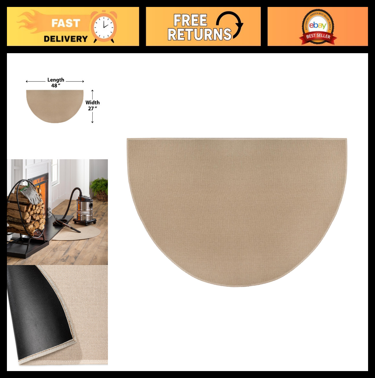 27×48 Half Round Flame Resistant Hearth Rug | Double Layer Fiberglass Fireplace