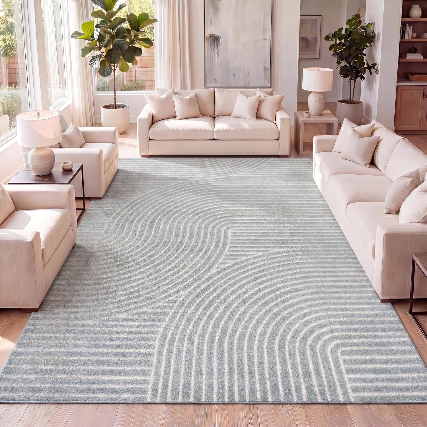Hallie High-Low Curve Light Blue/Cream 3X5 Indoor/Outdoor Area Rug, Minimalist G