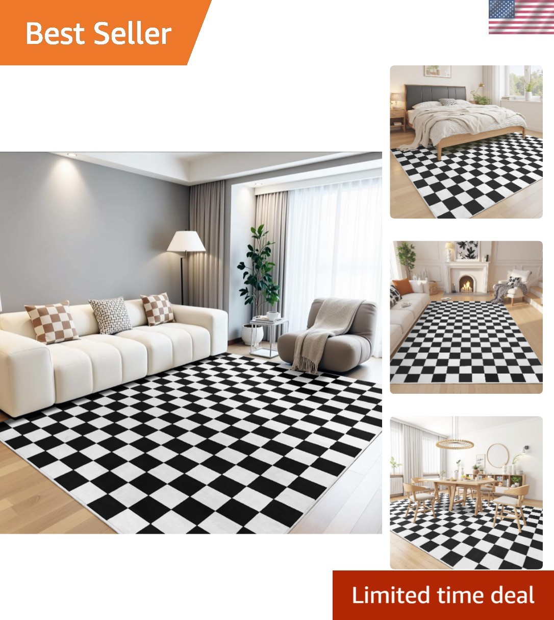 Stylish Checkered Area Rug 5′ x 7′ – Machine Washable, Non-Slip & Kid-Friendly
