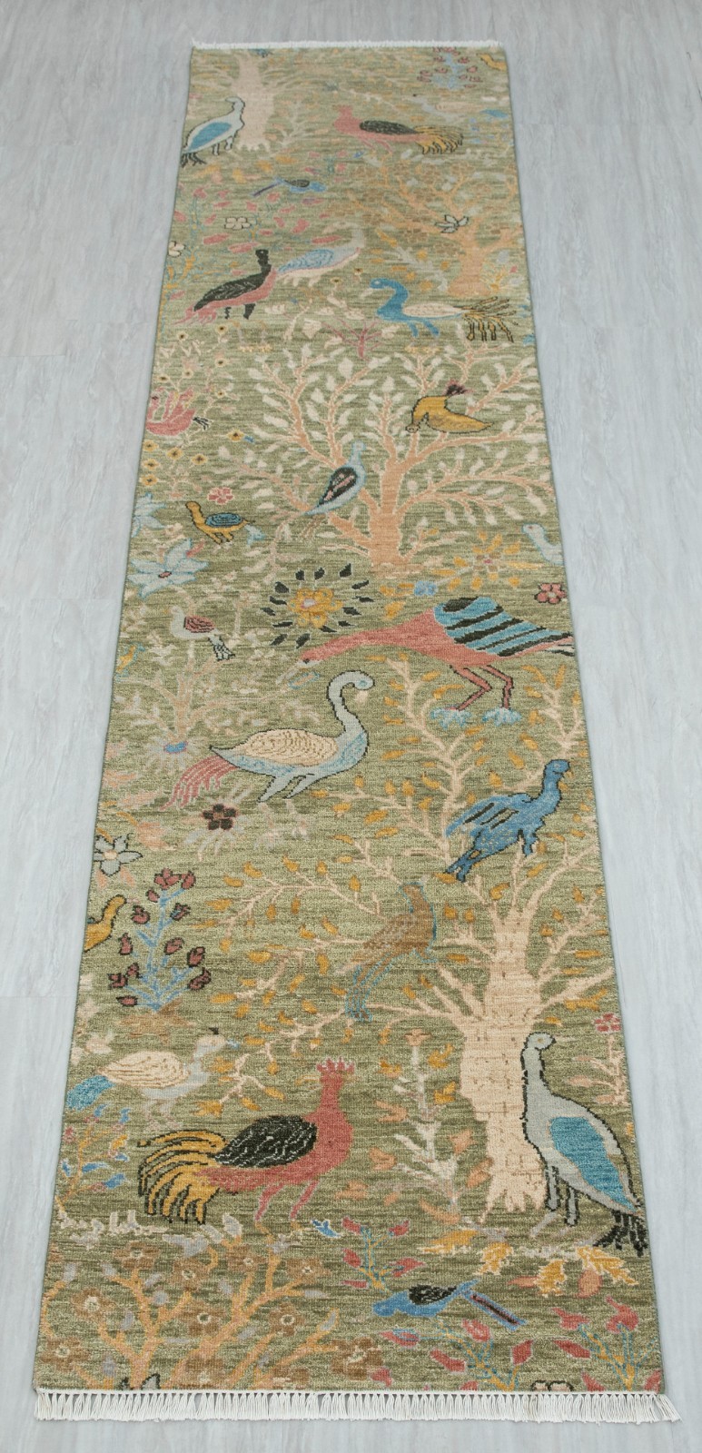 2.6×12 Feet Vintage Style Tribal Bird Motif Hand Made Green Color Woolen Runner