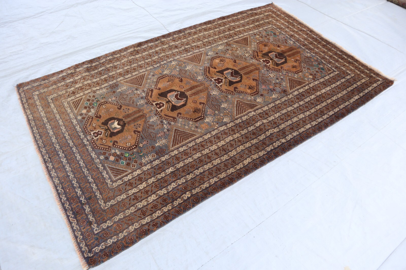 3’6×6’3 ft Antique Turkmen Tribal Geometric Terracotta Rug, Vintage Faded Rug