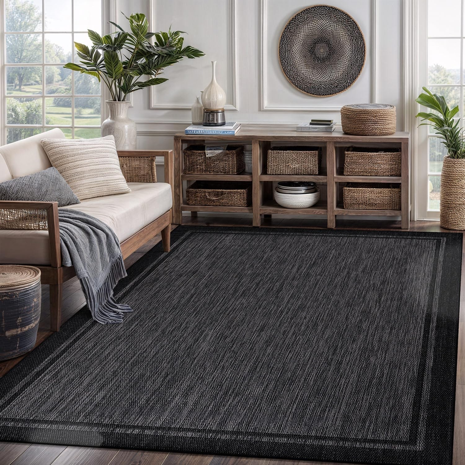 Indoor Outdoor Rug, 5×7 Bordered Dark Grey Black Modern Area Rugs for Indoor …