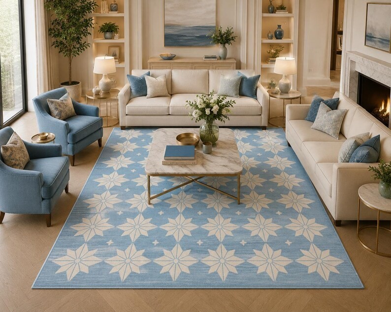 Hand Knotted Blue & Ivory Star Geometric Wool Area Rug