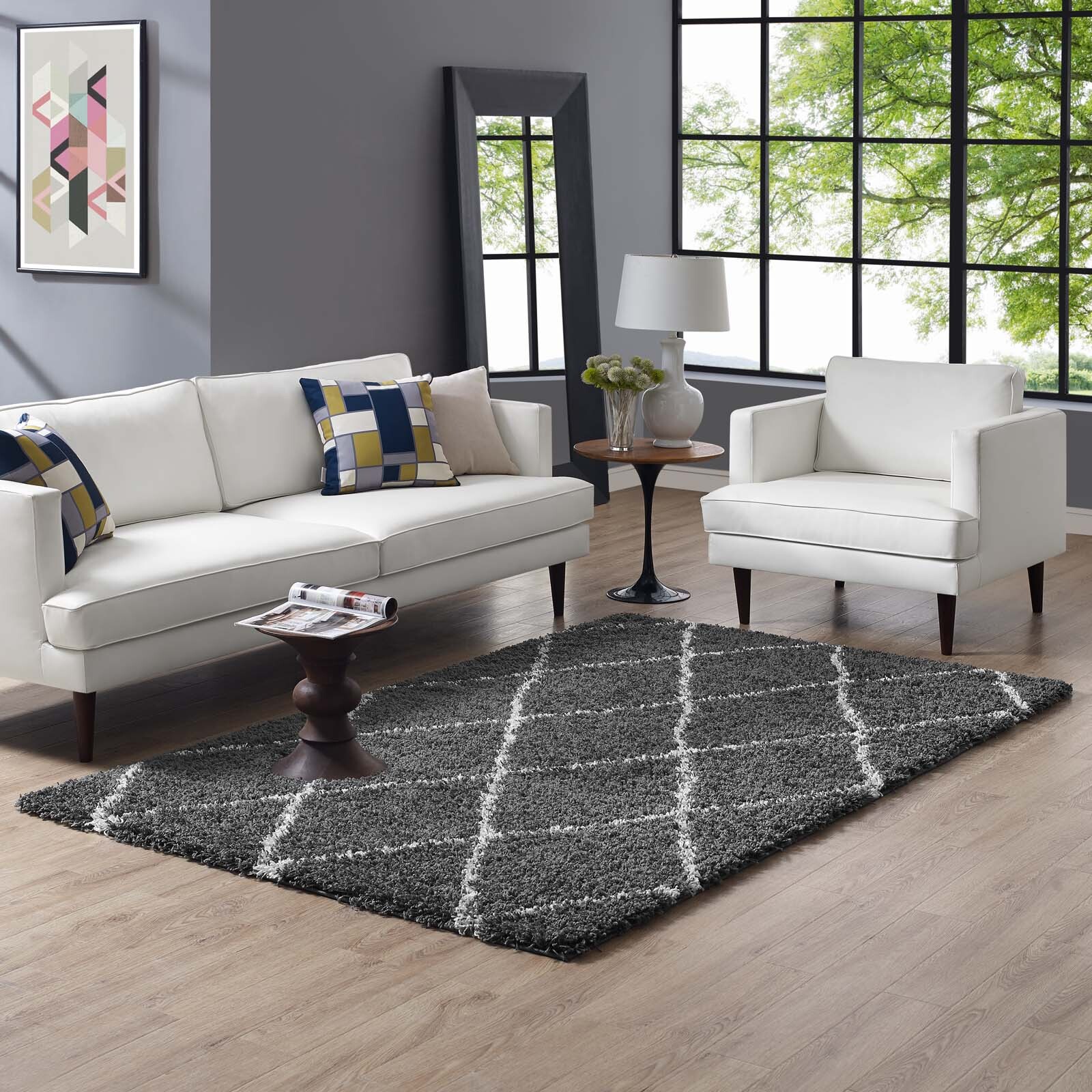 Modway Toryn Diamond Lattice 5×8 Shag Area Rug in Dark Gray and Ivory