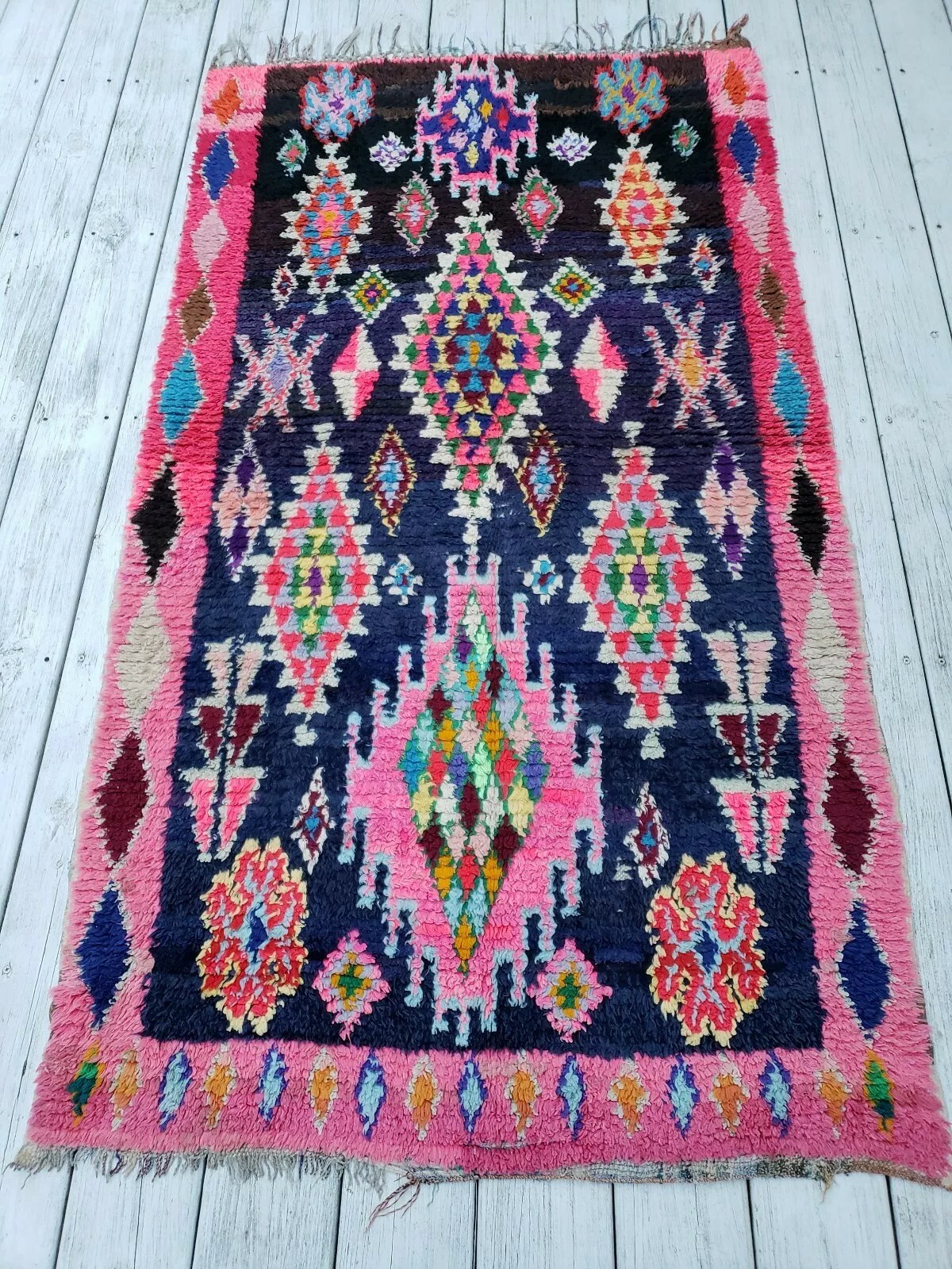 VTG 💗COLORFUL BOHO Moroccan Rug 1960s Boucherouite Berber Tribal Rug 6’2 x 3’6″