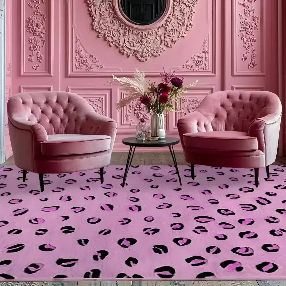 Luxury Pink Abstract Rug Black Animal Spot Hand Tufted Wool Dining Room Carpet