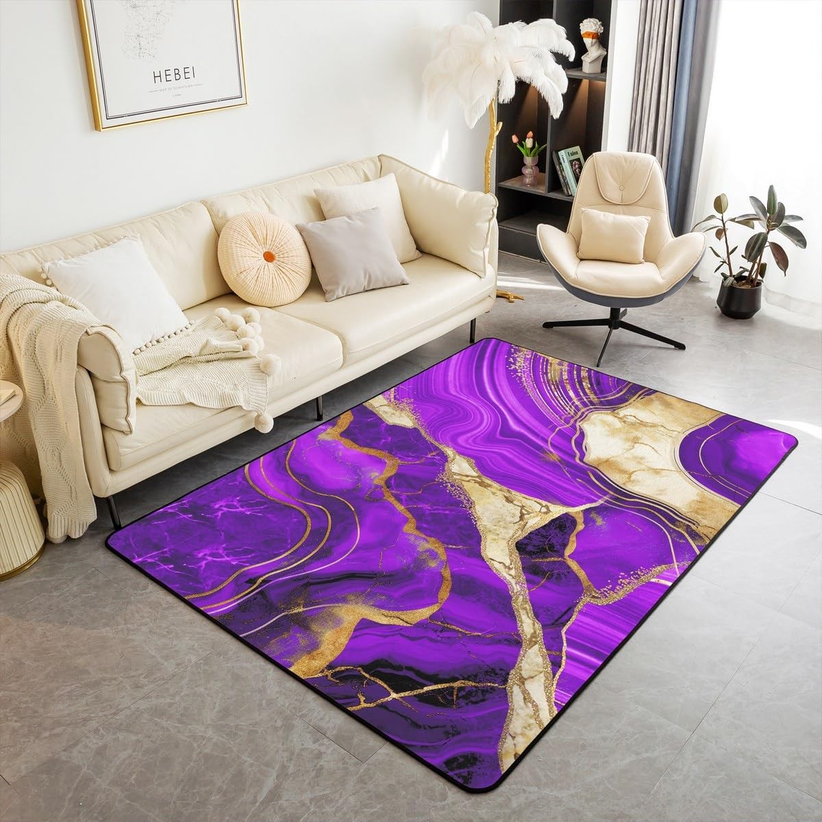Erosebridal Purple Marble Area Rug 5X7 Gold Marbling Crack Rug Dark Abstract