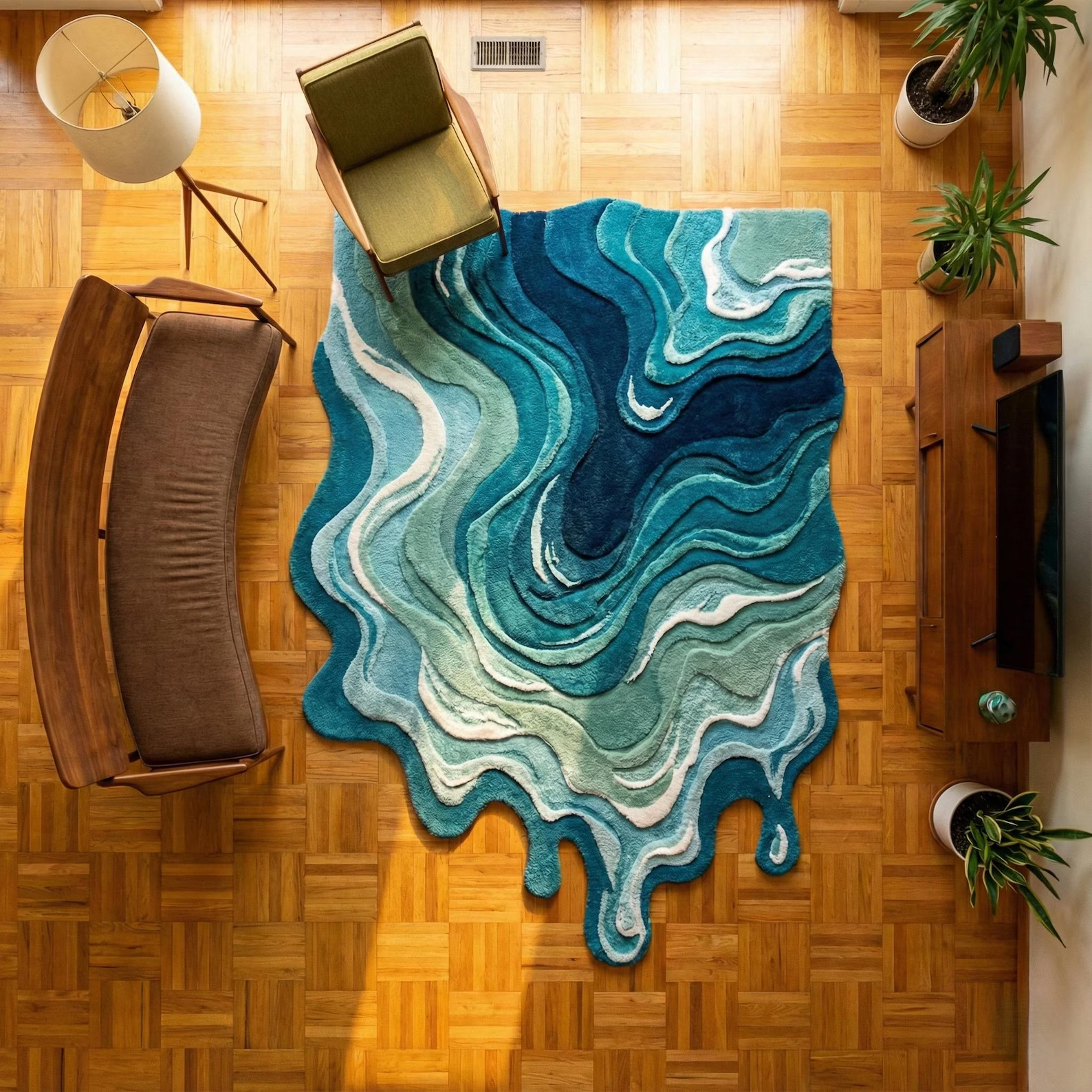 Irregular Shaped Melting Rug, Hand Tufted Blue Abstract Swirl Modern Art Carpet