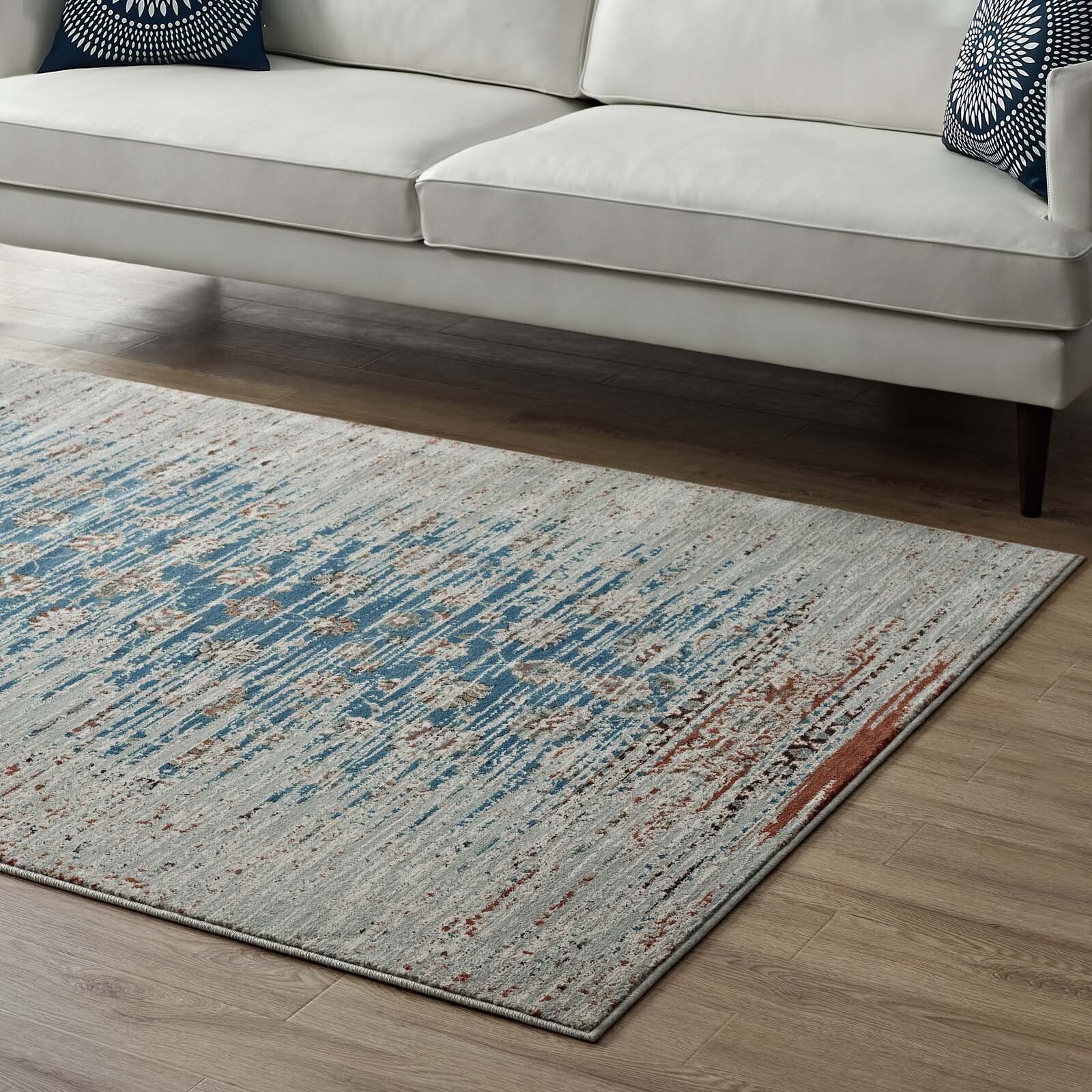 Distressed Contemporary Floral Lattice 5×8 Teal, Beige and Brown Area Rug