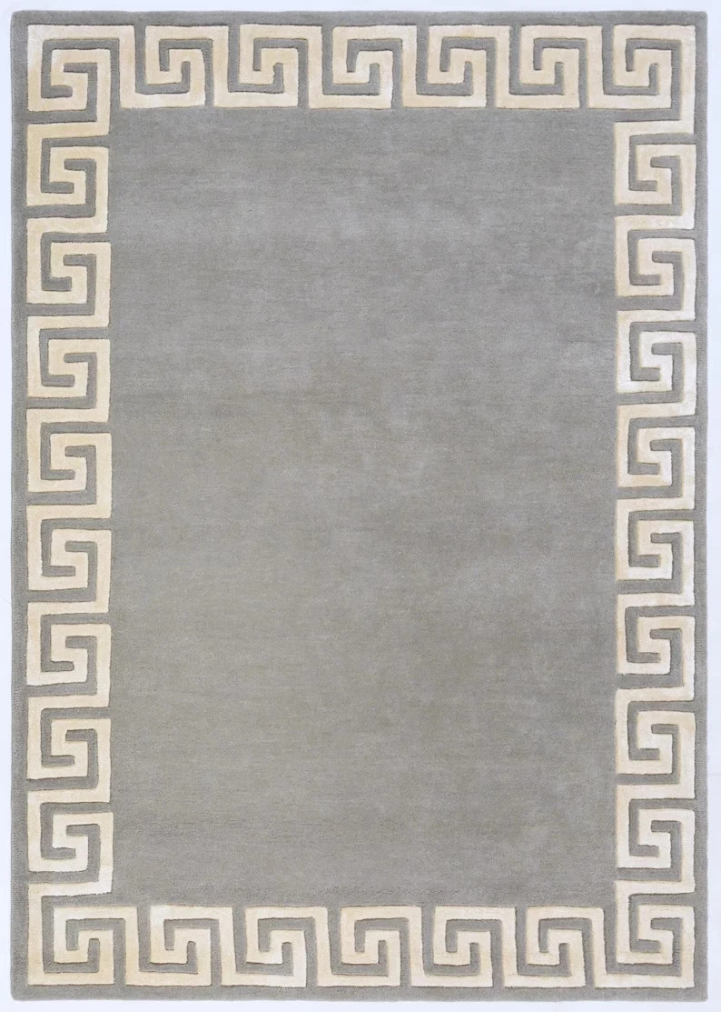 Hand Tufted Grey Area Rug – Modern Greek Key Border Wool Carpet Living Room Bedr