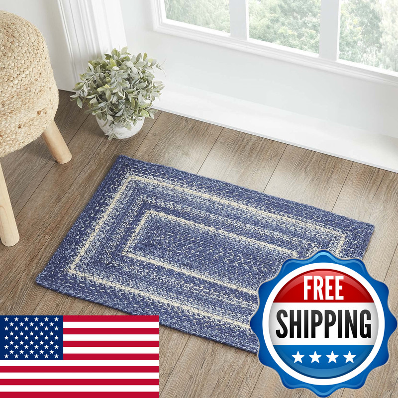 Vhc Brands Falls Blue Rug Pvc Pad Jute Blend Rectangle Blue White 20X30 Inches
