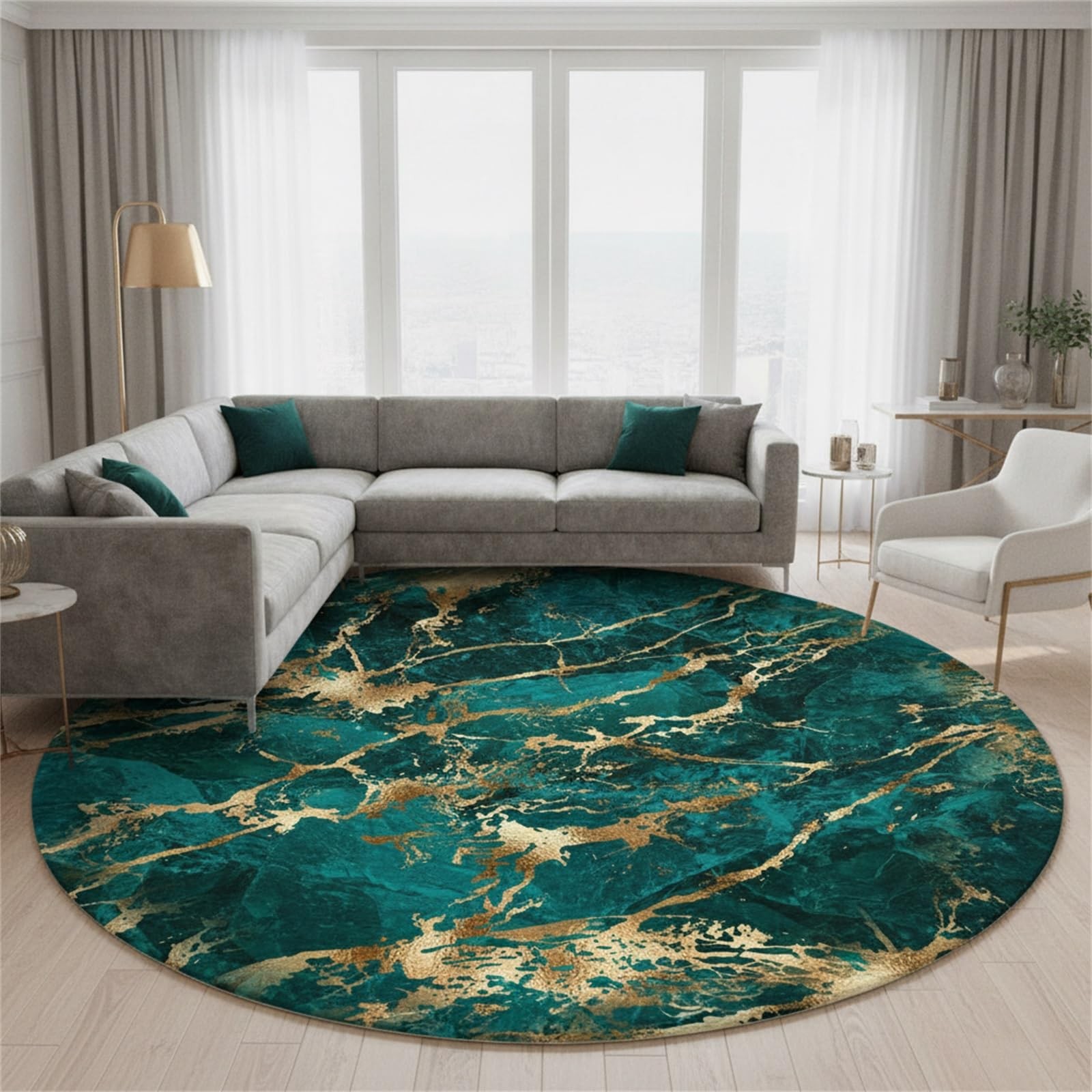 Marble Texture Emerald Green Gold Round Area Rug for Living Room Bedroom Gues…
