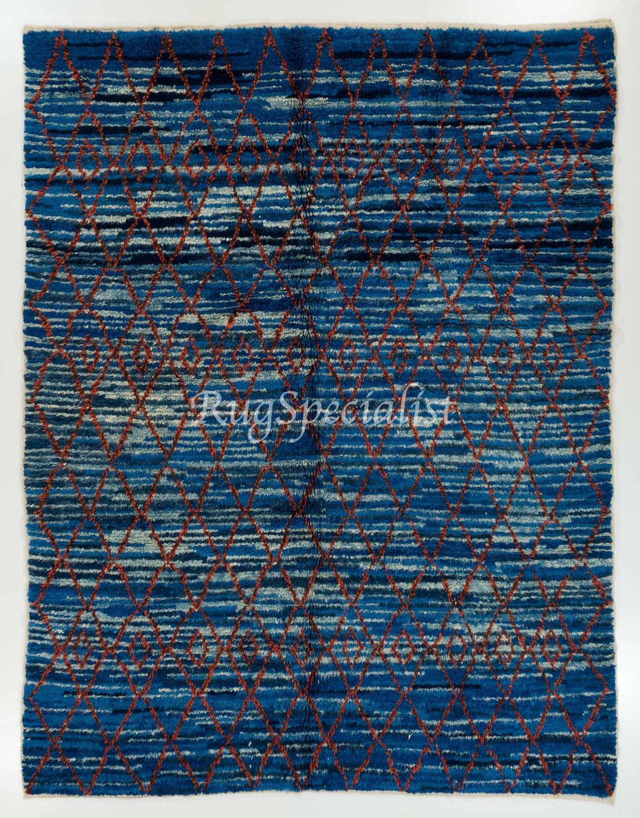 Contemporary Moroccan Azilal Style Berber Rug in Indigo Blue. 100% Organic Wool
