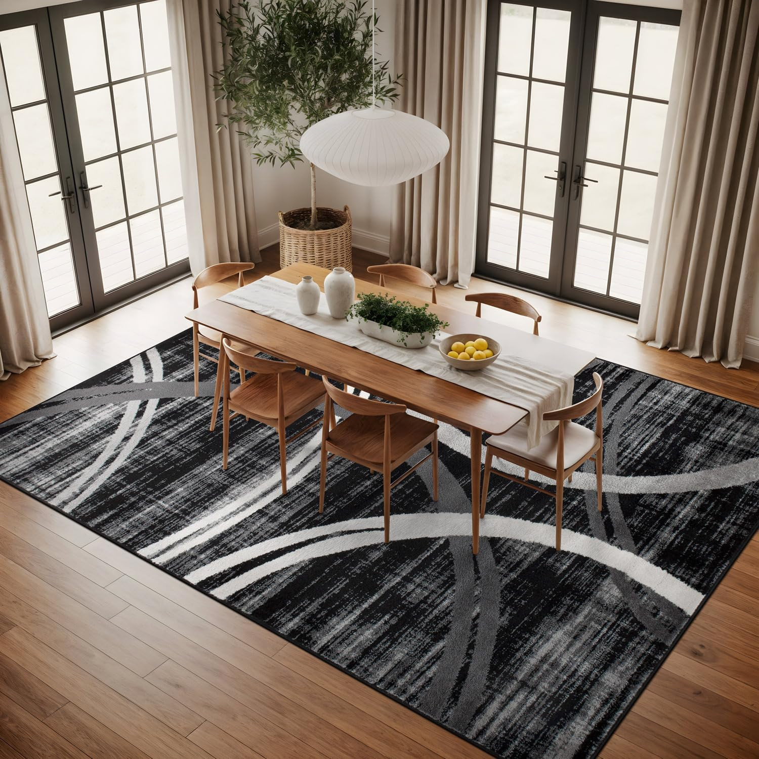 Modern Wavy Circles Design Area Rug, Non-Shedding Carpet for Living Room, Large