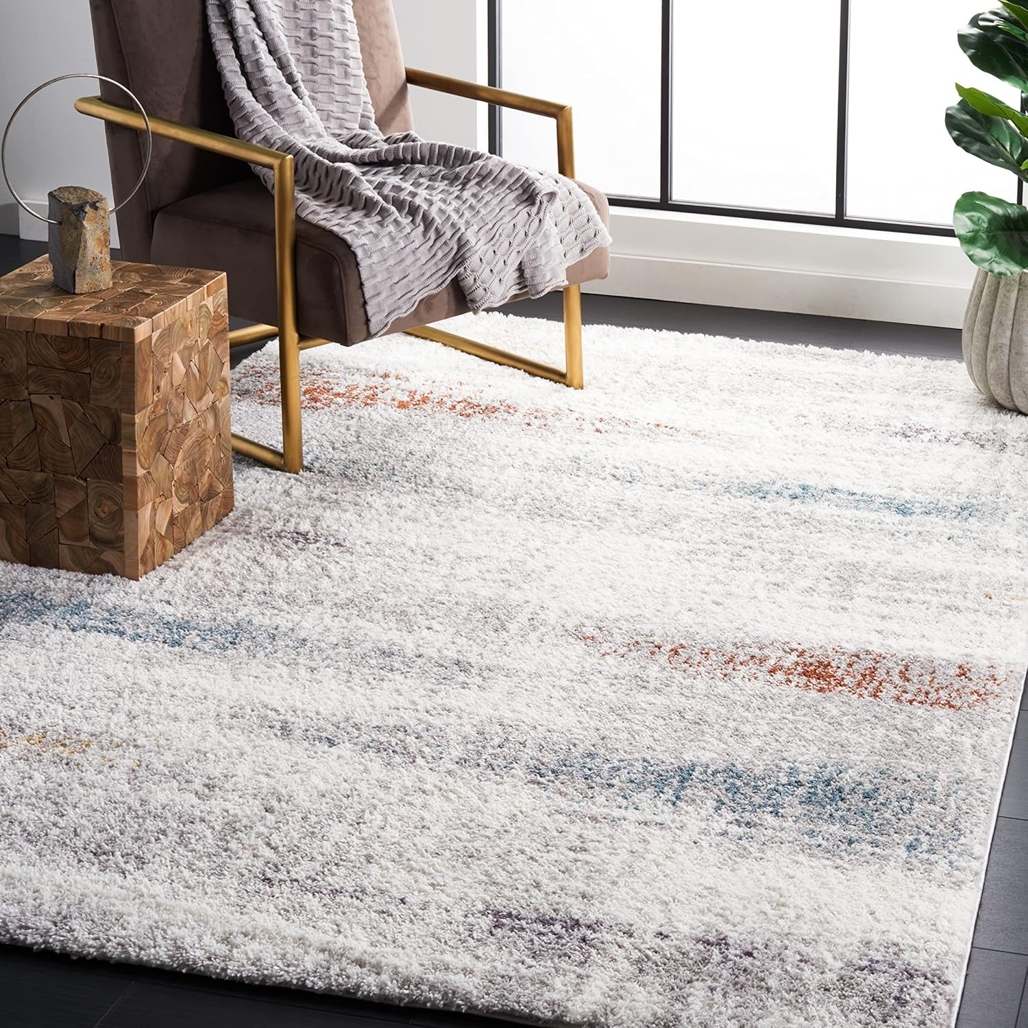 Berber Shag Area Rug 5’5″ x 7’7″ – Blue Rust Ivory, Non-Shedding, Easy Care