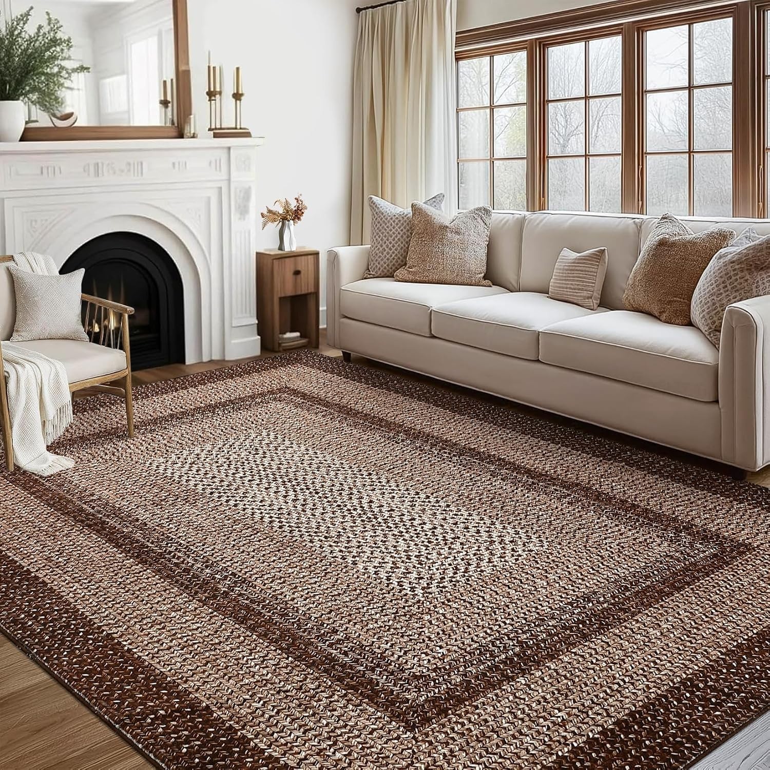Stylish 5×7 Brown Braided Print Rug – Machine Washable, Pet-Friendly Design