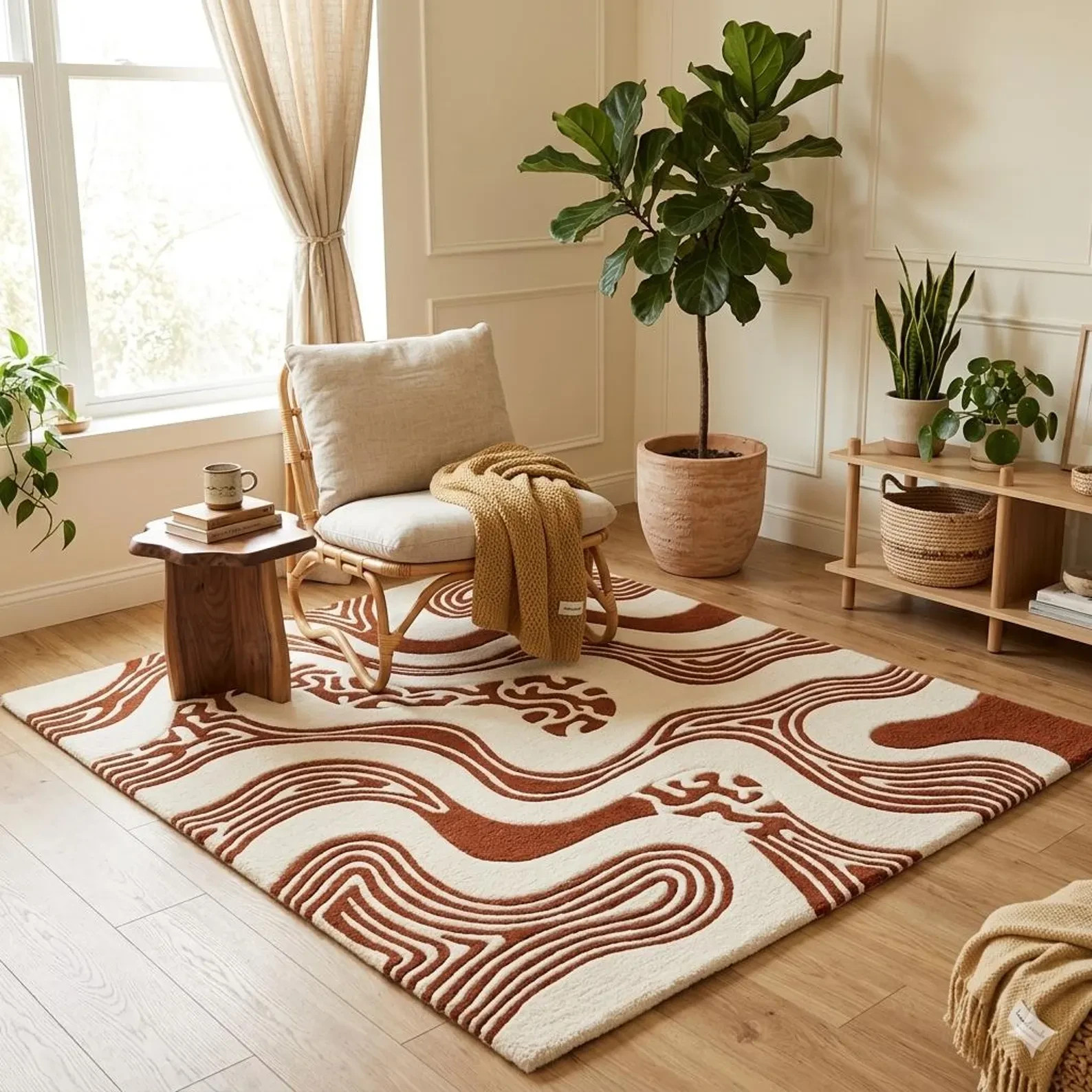 Luxury Abstract Hand Tufted Wool Rug 6×9, Modern Cream Rust Area Rug Carpet.