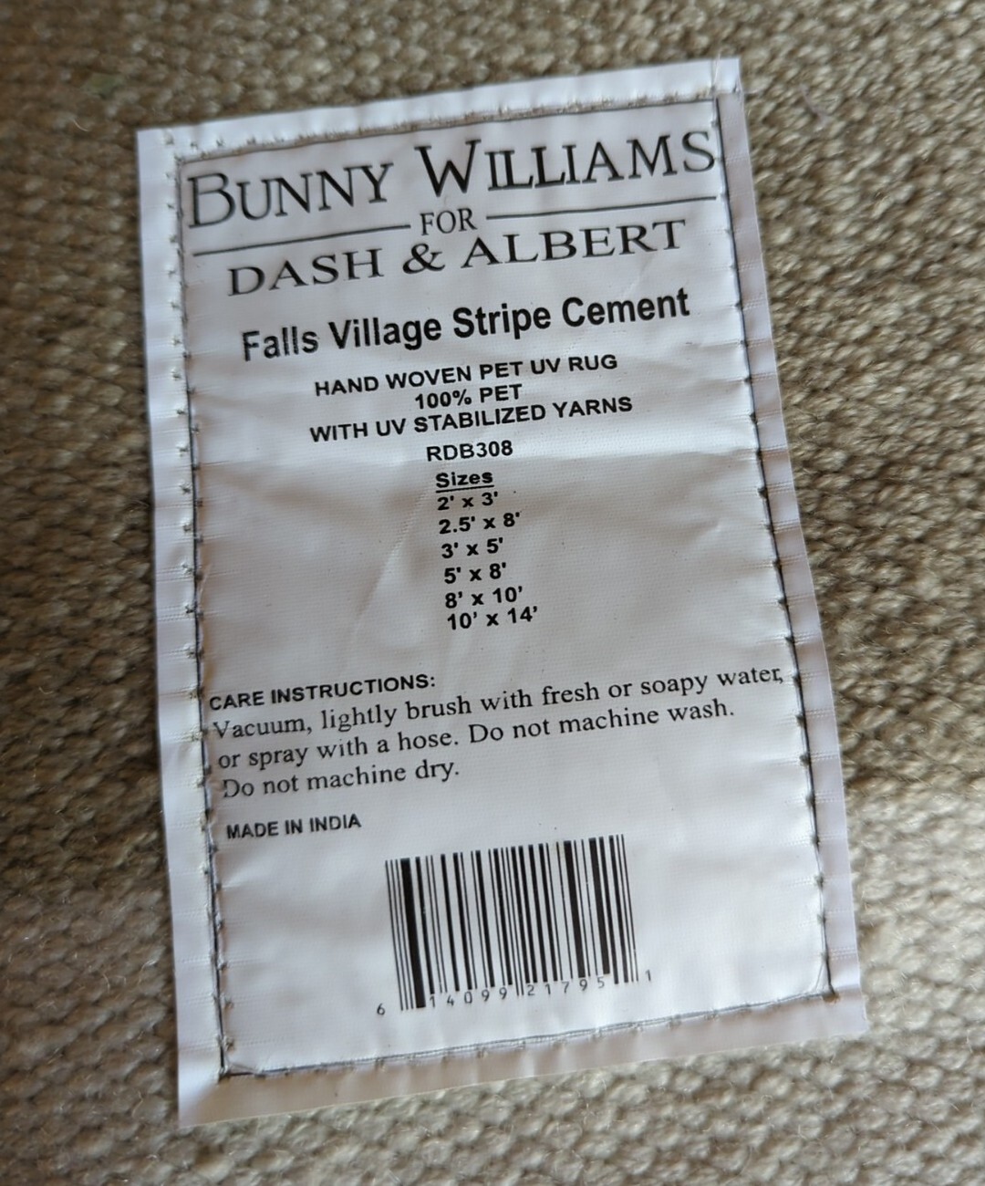 Bunny Williams Dash & Albert Handwoven Sample Rug Pet UV Falls Village Cement