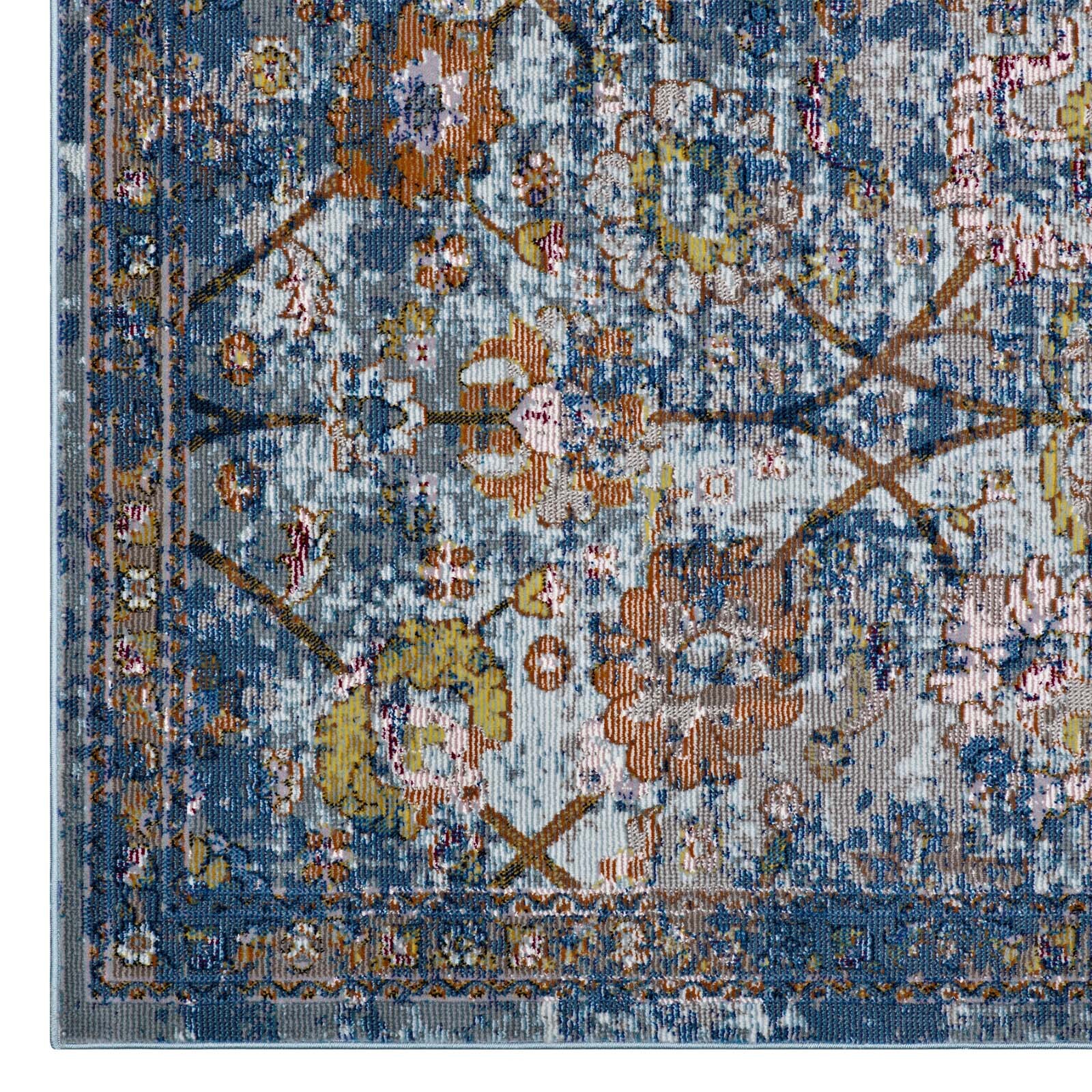 Modway Distressed Floral Lattice 4×6 Area Rug in Blue Gray, Yellow and Orange
