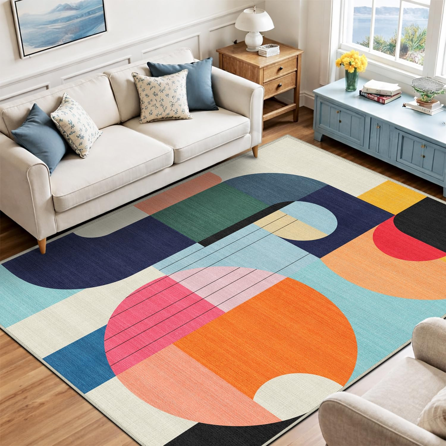 Colorful Boho 5X7 Area Rug – Modern Abstract Non-Slip Washable Carpet
