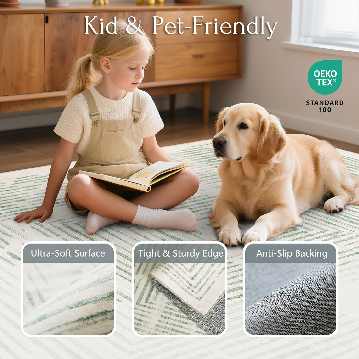 6X9 Area Rugs for Bedroom, Soft Washable Sage Green Lines Borderd Modern Abstrac