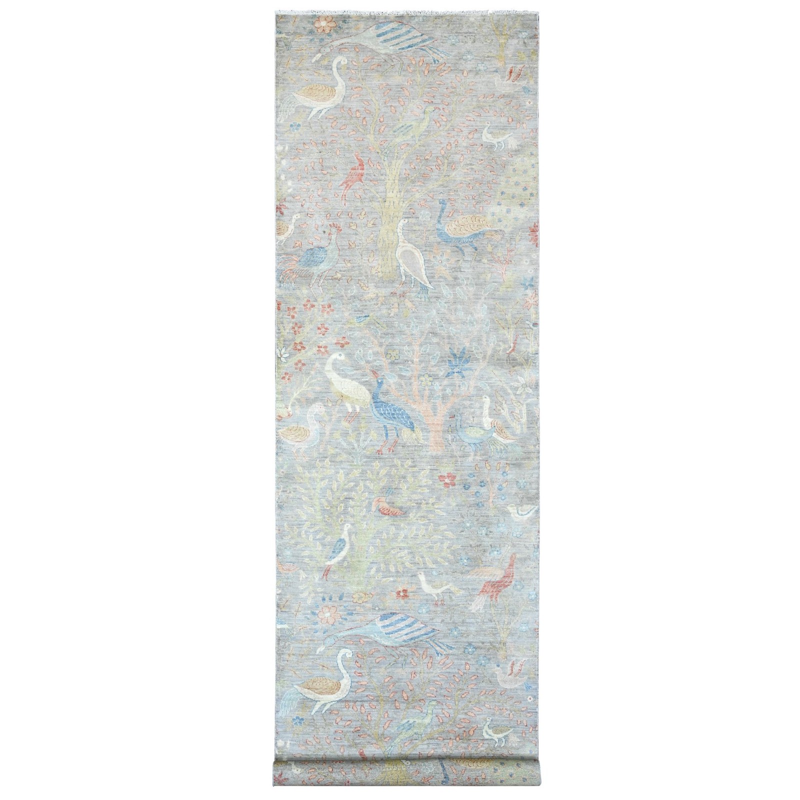 4′ x 15’9″ Gray Wool Afghan Peshawar Birds Design Hand Knotted Runner Rug R89977