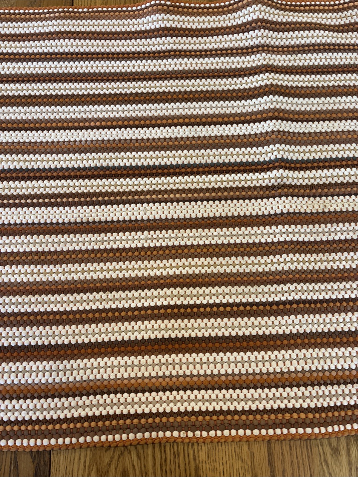 Striped Shades of Brown Woven 24×37” Rag Rug, Fringed Edge, Grannycore Boho
