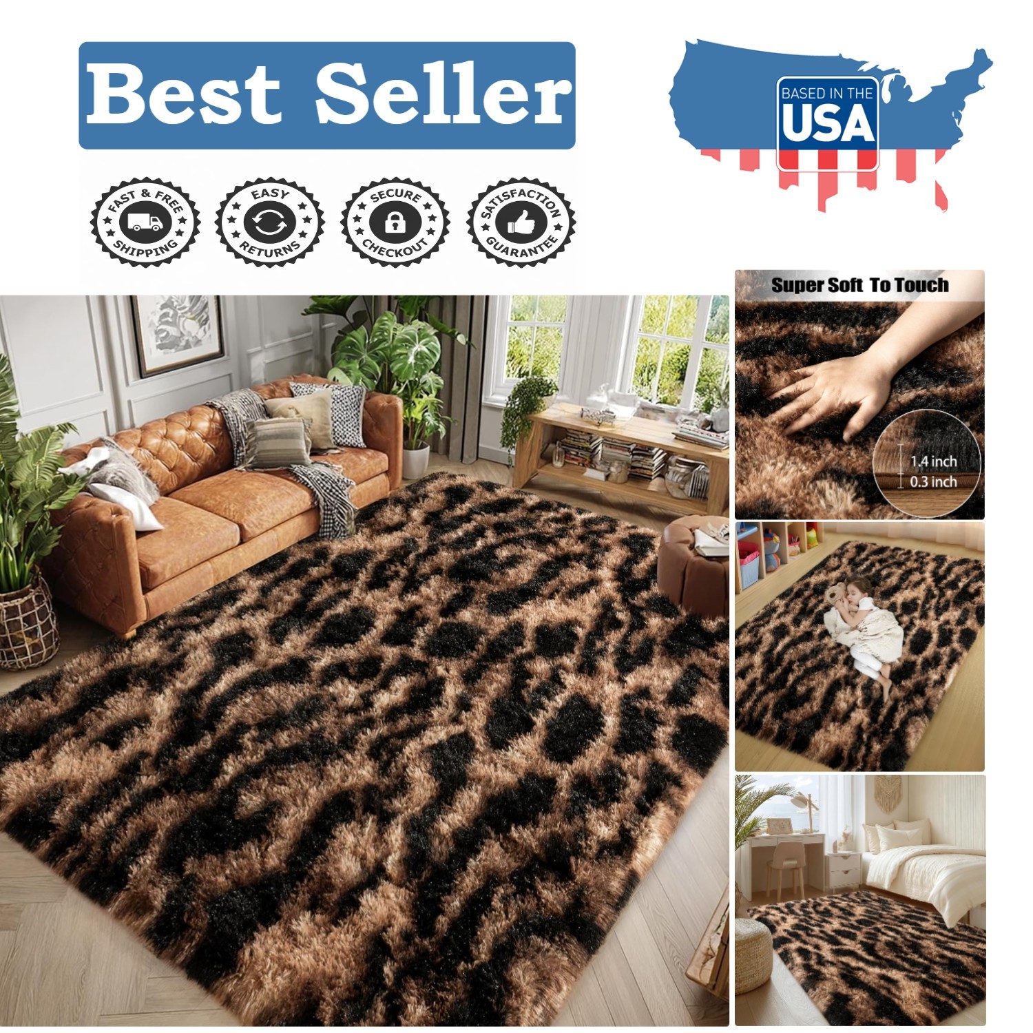 Soft 4′ x 6′ Fluffy Cheetah Rug – Non-Slip Shaggy Area Rug for Living Room