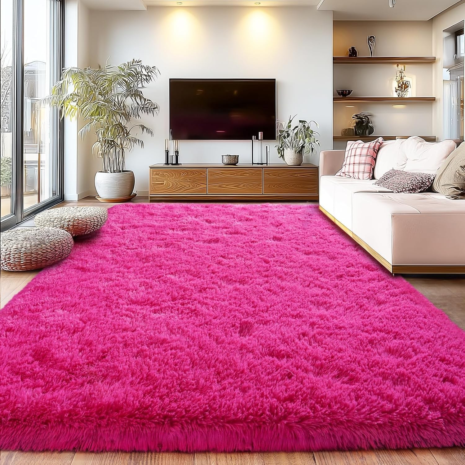 Soft Shaggy for Bedrooms, Hot Pink Area Rug, 4′ x 6′ (Rectangular),