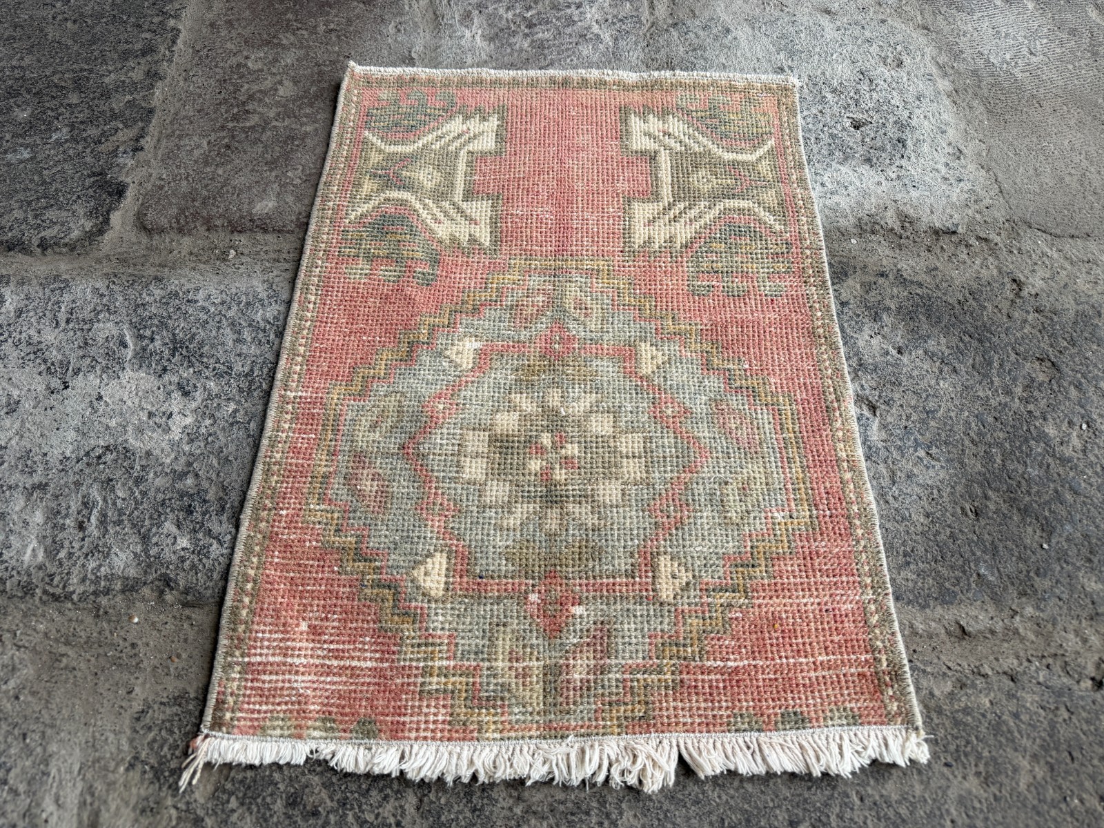 Vintage Oushak Rug 1.5×2.2 ft Rose Pink Sage Turkish Small Boho Accent Rug