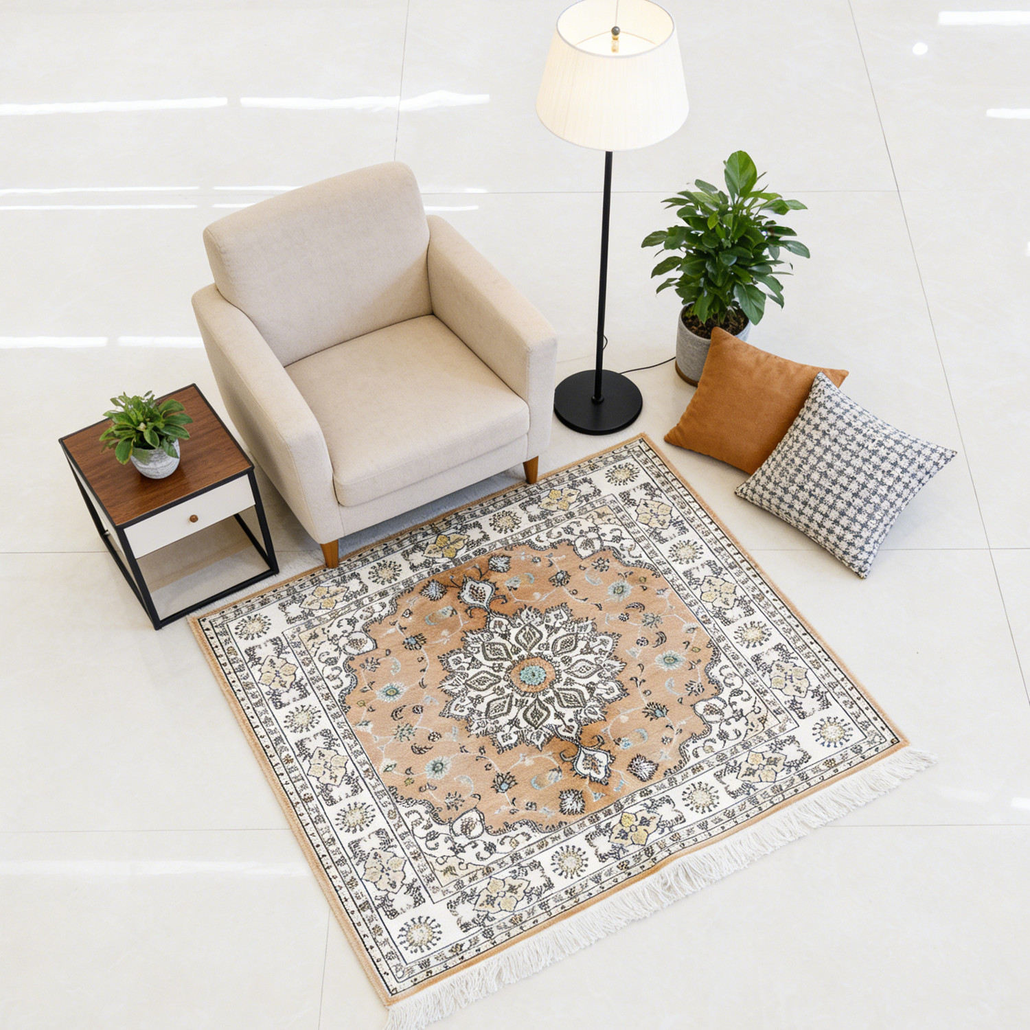 4×4 Square Silk Rug Handmade Oriental Art Carpet for Study Room Home Office 351C