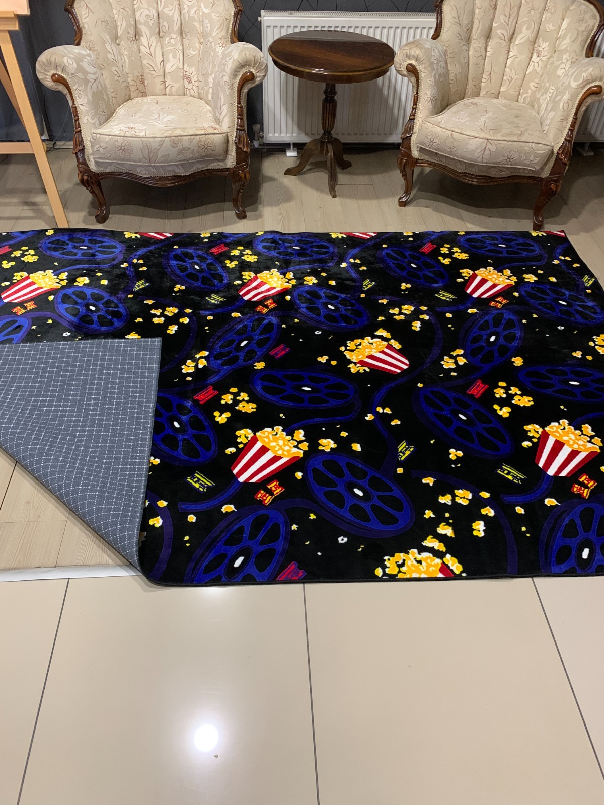Popcorn themed rug, cinema room rug, movie rug, film themed rug
