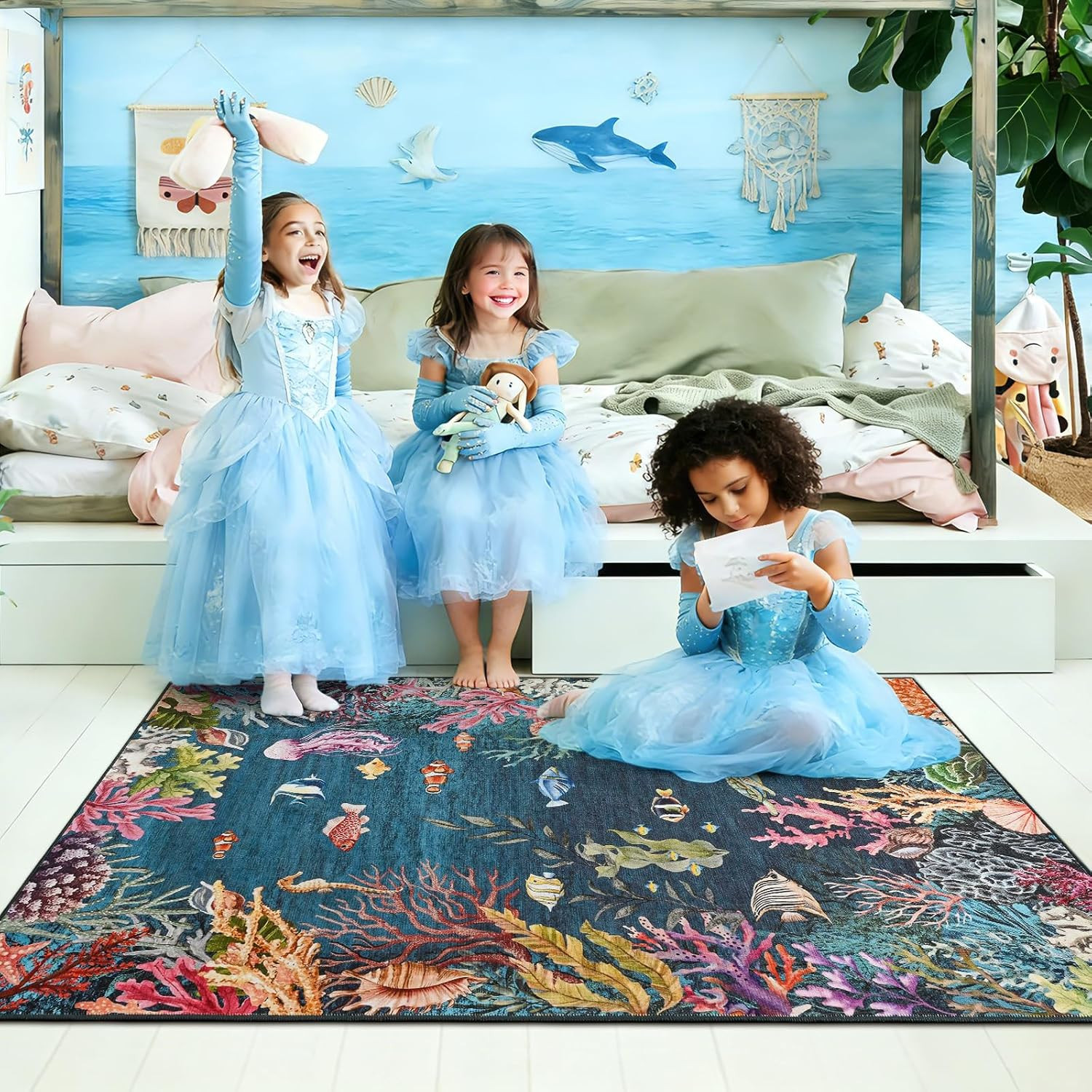 3×5 Ocean Area Rug Nautical Fish Sea Turtle Pattern Kids Room Floor Carpet