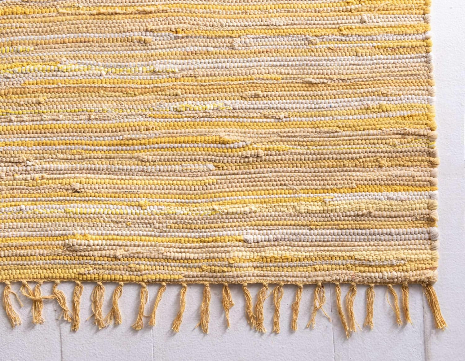 Soft Hand Woven Chindi Cotton Striped Area Rug, 9×12 Ft, Yellow/Ivory