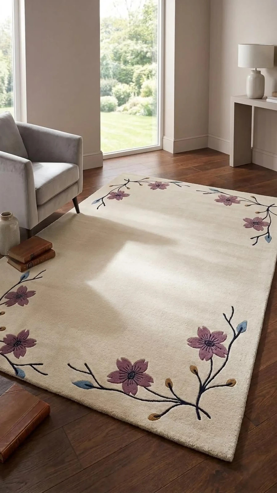 Hand Tufted Wool Rug, Floral Border Area Rug, Cream and Pink Flower Carpet, 8×10
