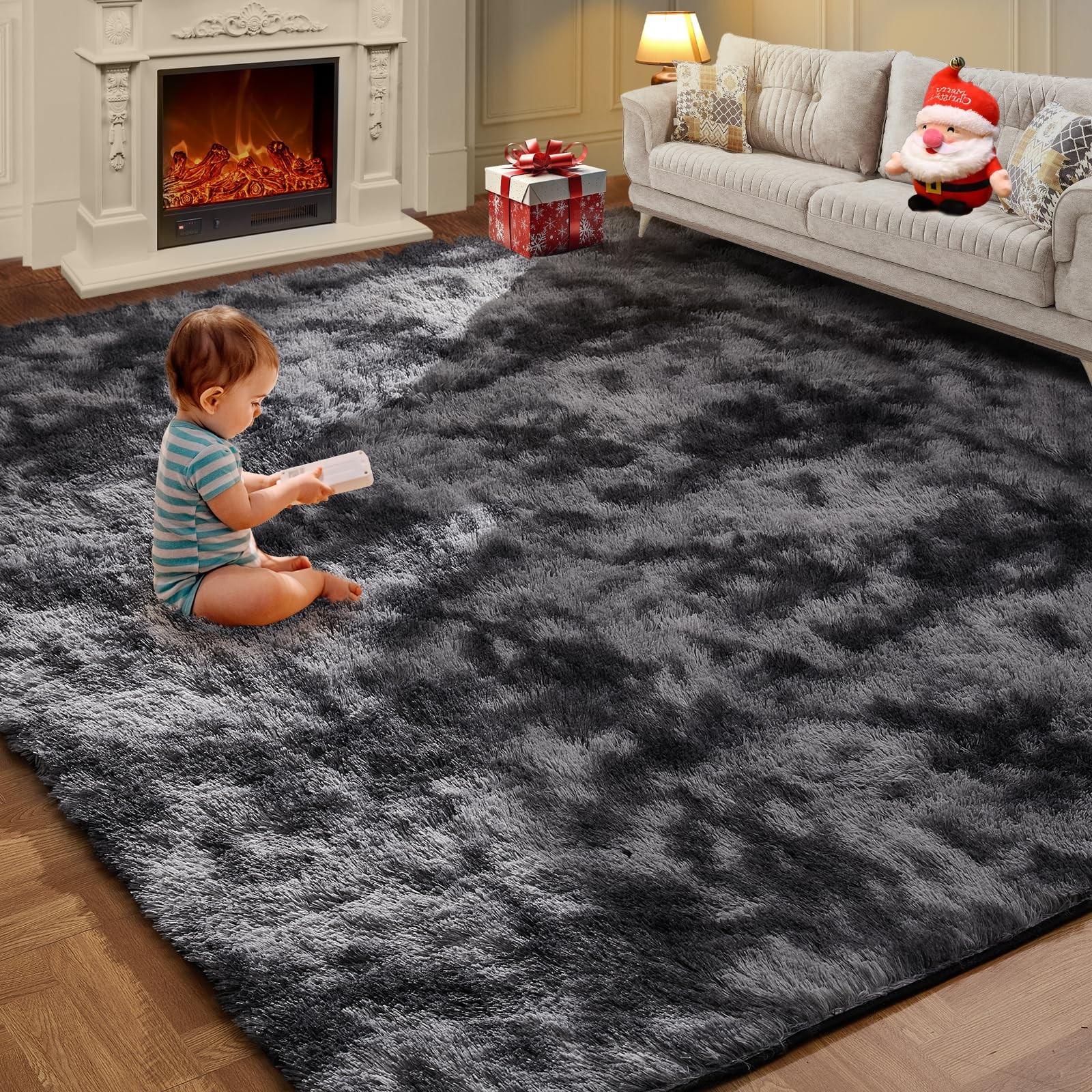 9X12 Feet High Pile Tie-Dye Rug, Dark Grey, Area Rug for Living Room, Plush S…