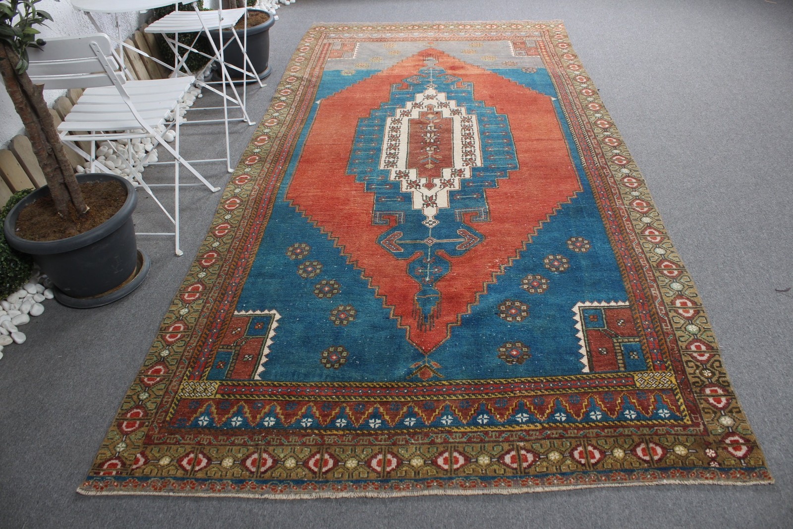 Turkish Vintage Large Rug 5,4×10,8 ft, Blue Red Oriental Wool Rug