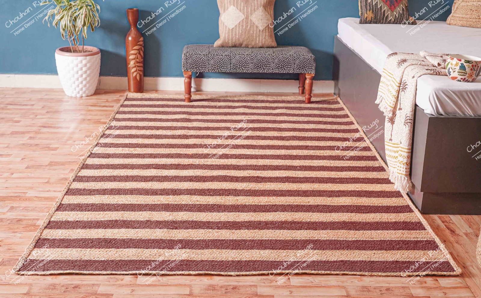6×9 Ft custom size natural jute area rug with Brown Stripes Living Room Rug
