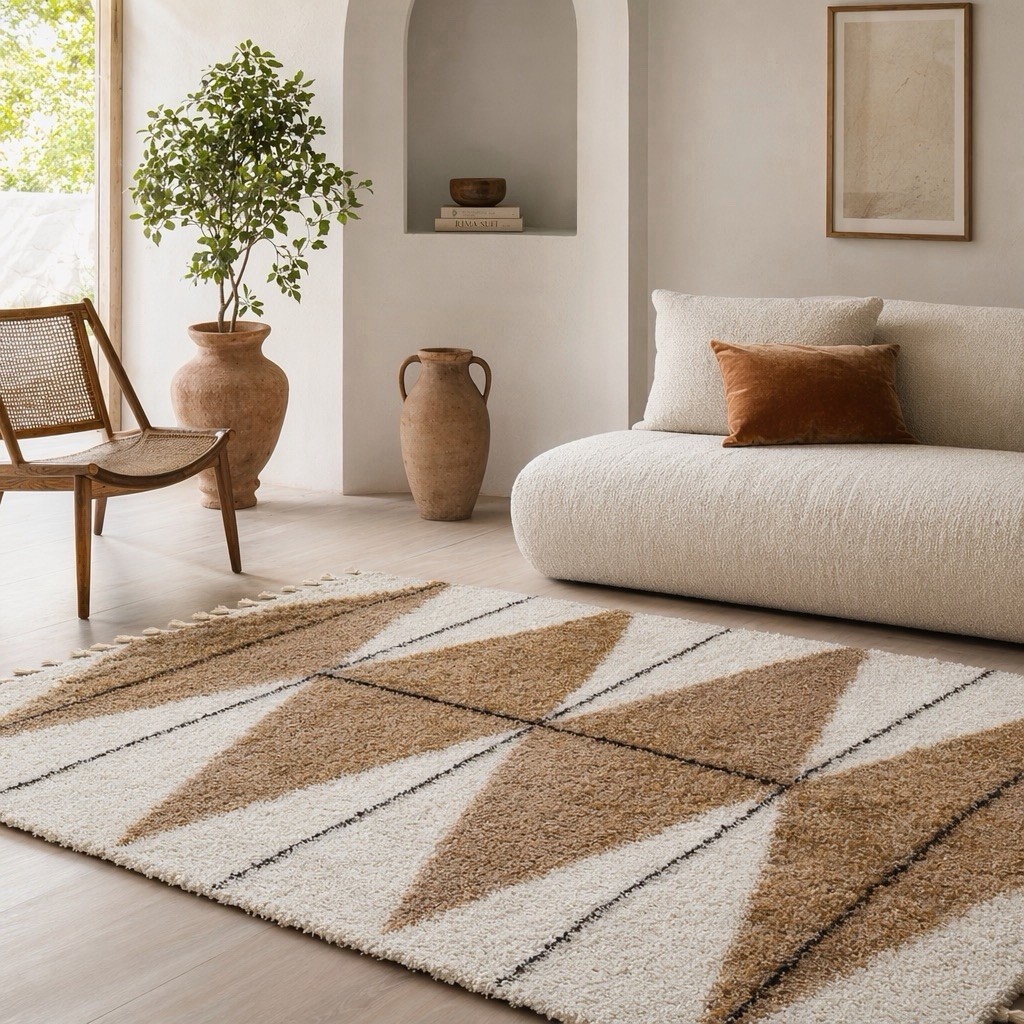 NEW West Elm White Cream Boho Tassel Geometric Shag Area Rug Carpet – 4′ x 6′