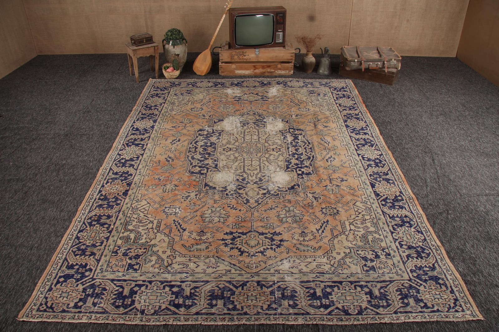 8,6×11,8 ft Vintage Oversize Rug, Turkish Blue Floral Rug