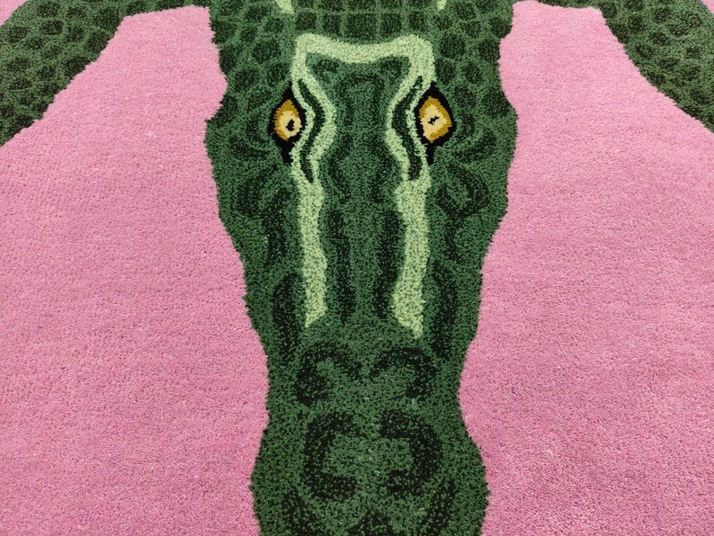 Hand Tufted Wool Animal Rug, Pink Crocodile Area Rug, Handmade Kids Room Carpet,