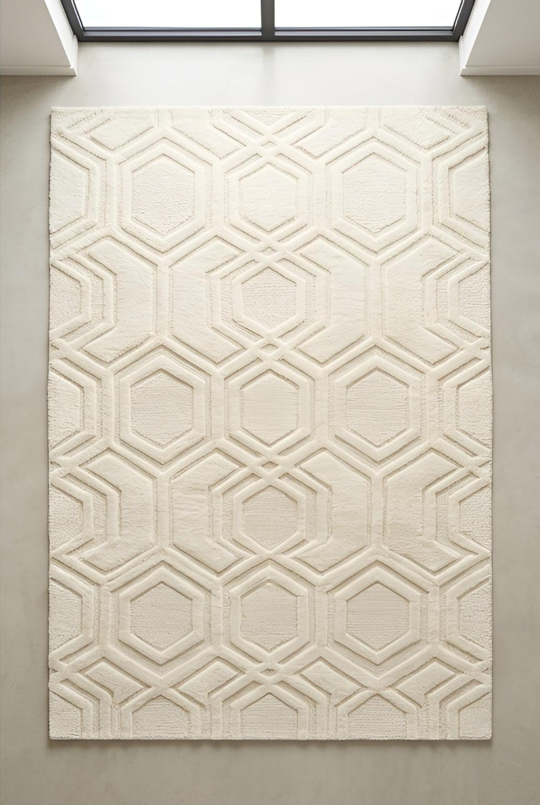 Ivory Geometric Wool Rug, Hand-Tufted Hexagon Pattern Carpet, Textured Living